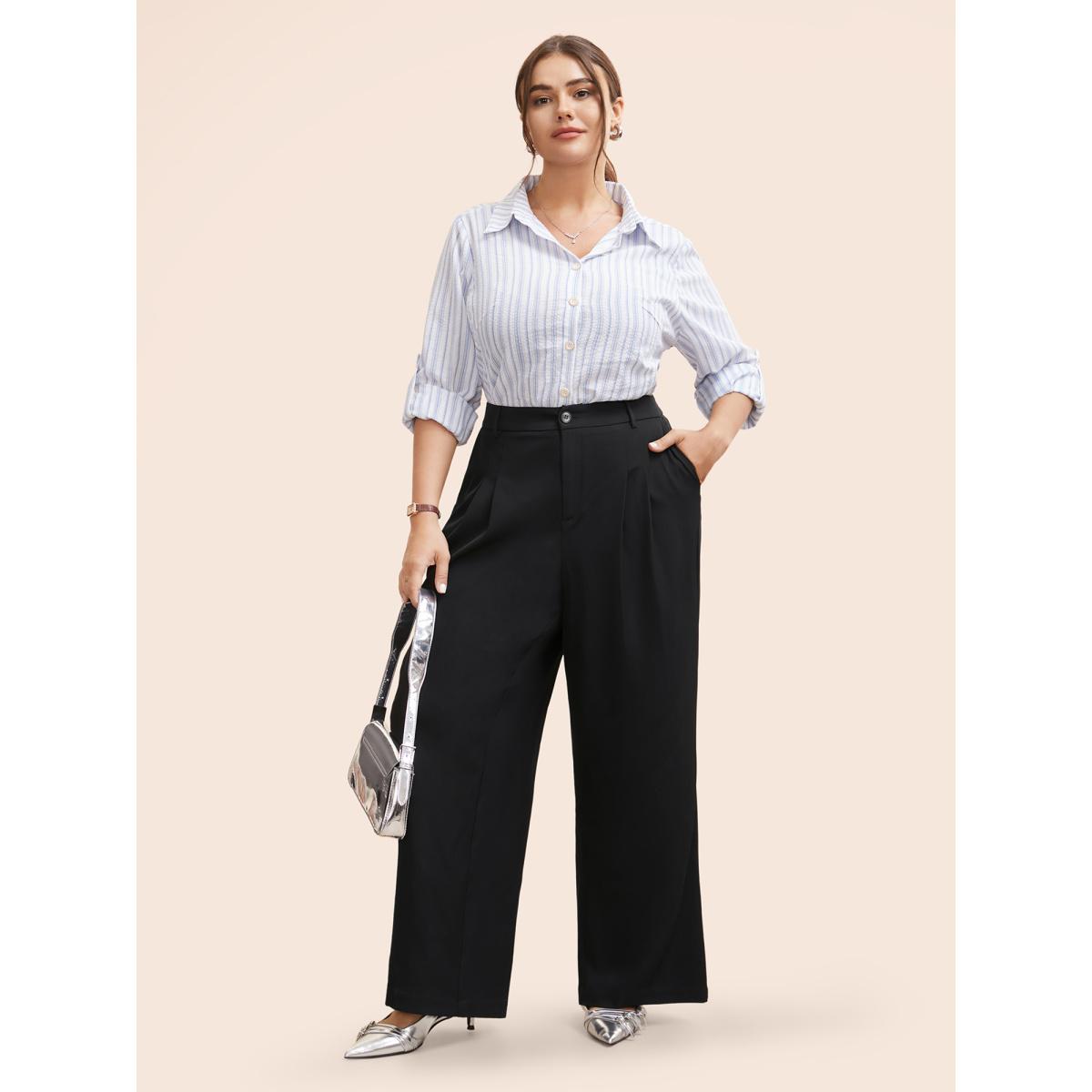 Plus Size Stretch Woven Pleated Elastic Waist Pants Women Black At the Office Wide Leg Mid Rise Office Pants BloomChic 12/L Product Image