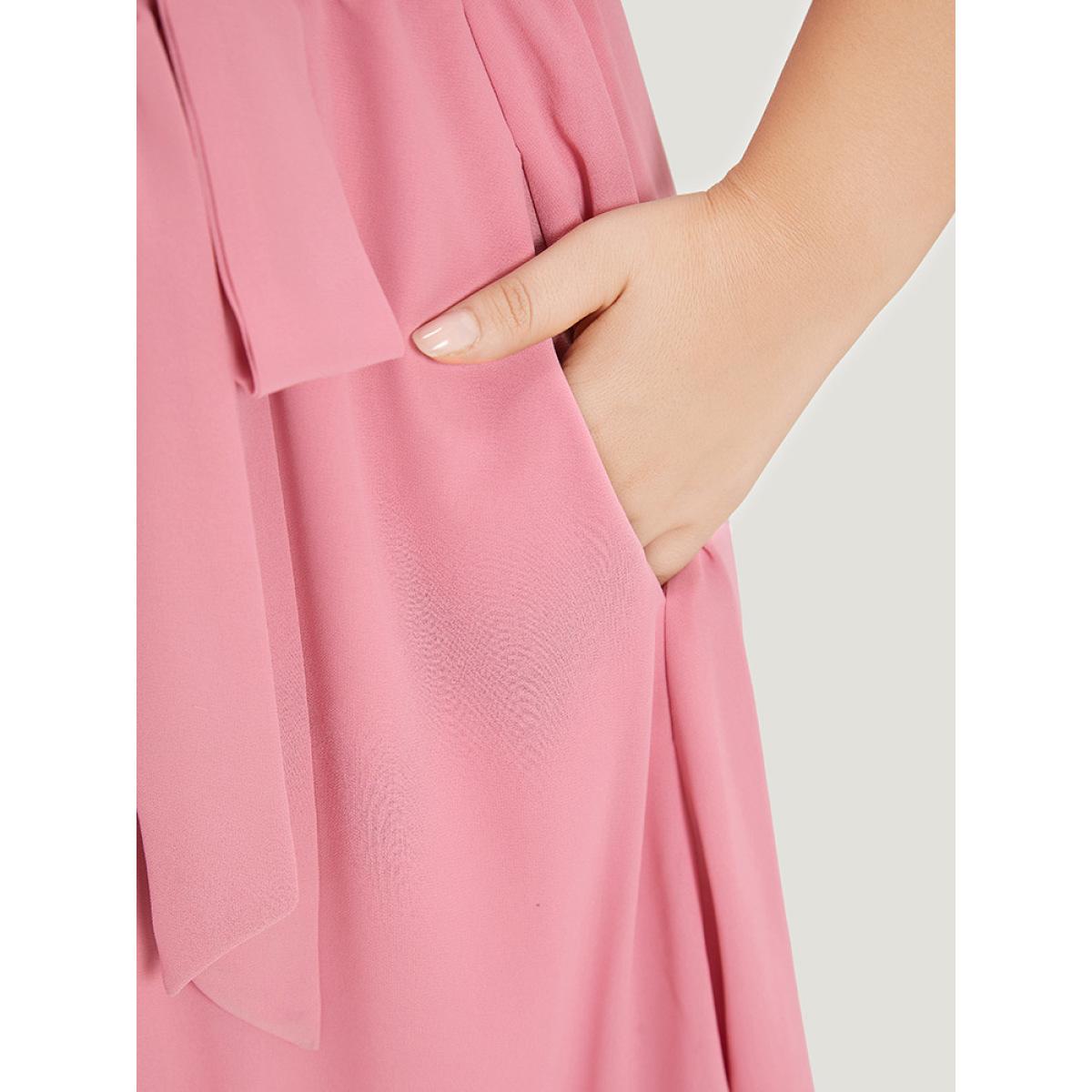 Plus Size Lace Panel Ruffle Trim Belted Lantern Sleeve Dress Pink Women Vacation Patchwork V-neck Elbow-length sleeve Curvy Knee Dress BloomChic 26/4X Product Image