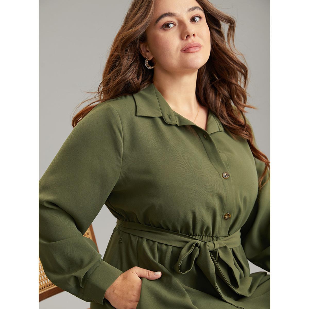 Plus Size Plain Laser Cut Button Through Belted Dress ArmyGreen Women Office Plain Shirt collar Long Sleeve Curvy Midi Dress BloomChic 30/6X Product Image