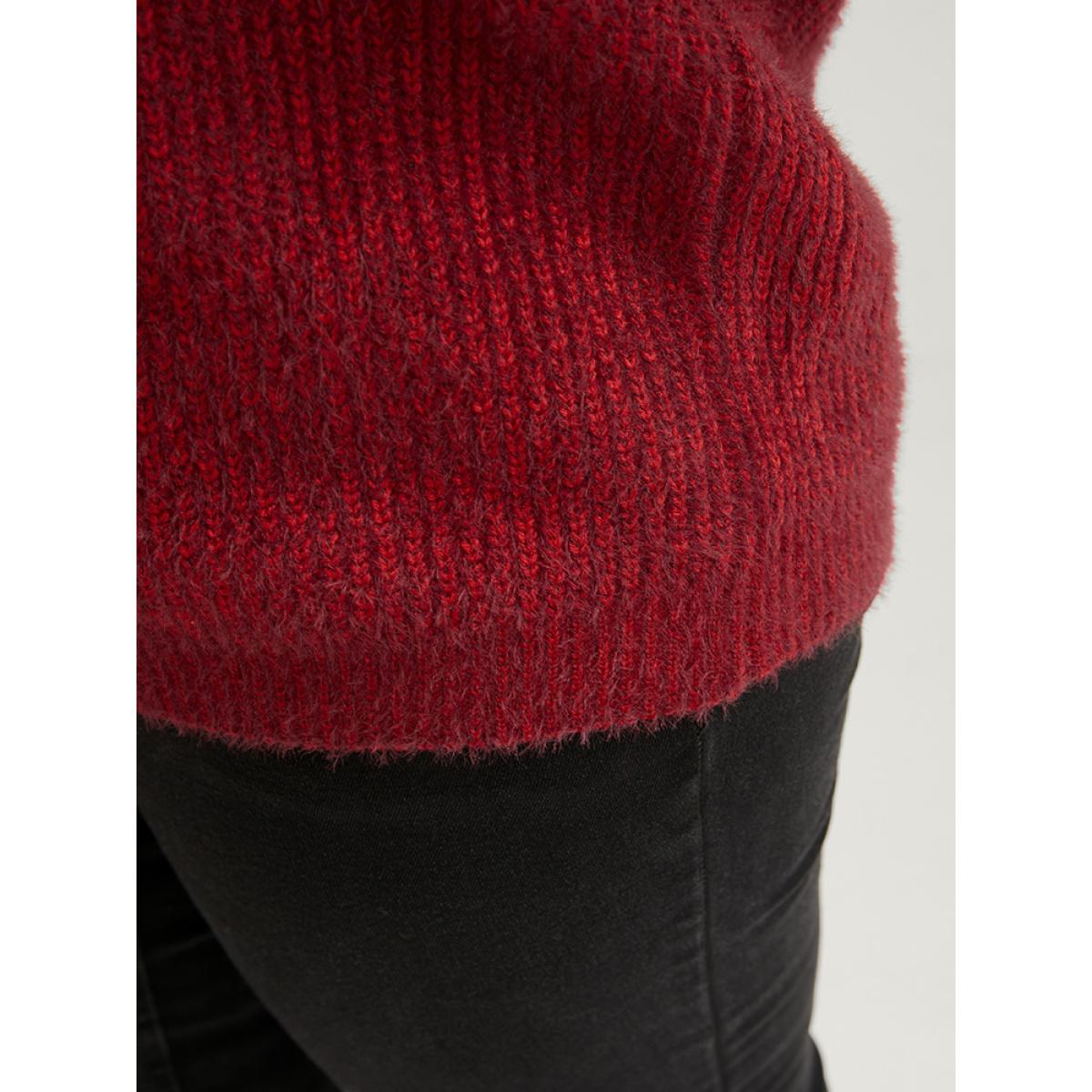 Plus Size Solid Soft Pointelle Knit Cut Out Fluffy Knit Top Burgundy Women Casual Loose Long Sleeve V-neck Dailywear Pullovers BloomChic 12/L Product Image