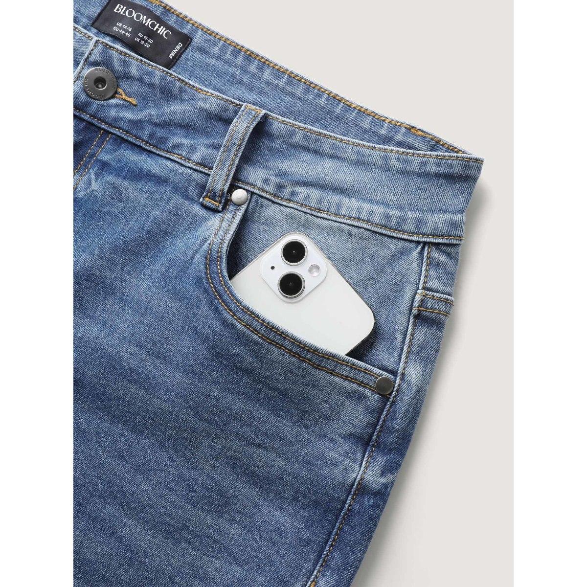 Plus Size Vintage Wash Bootcut Cropped Jeans Women Midblue Leisure Non High stretch Slanted pocket Jeans BloomChic 24/3X Product Image