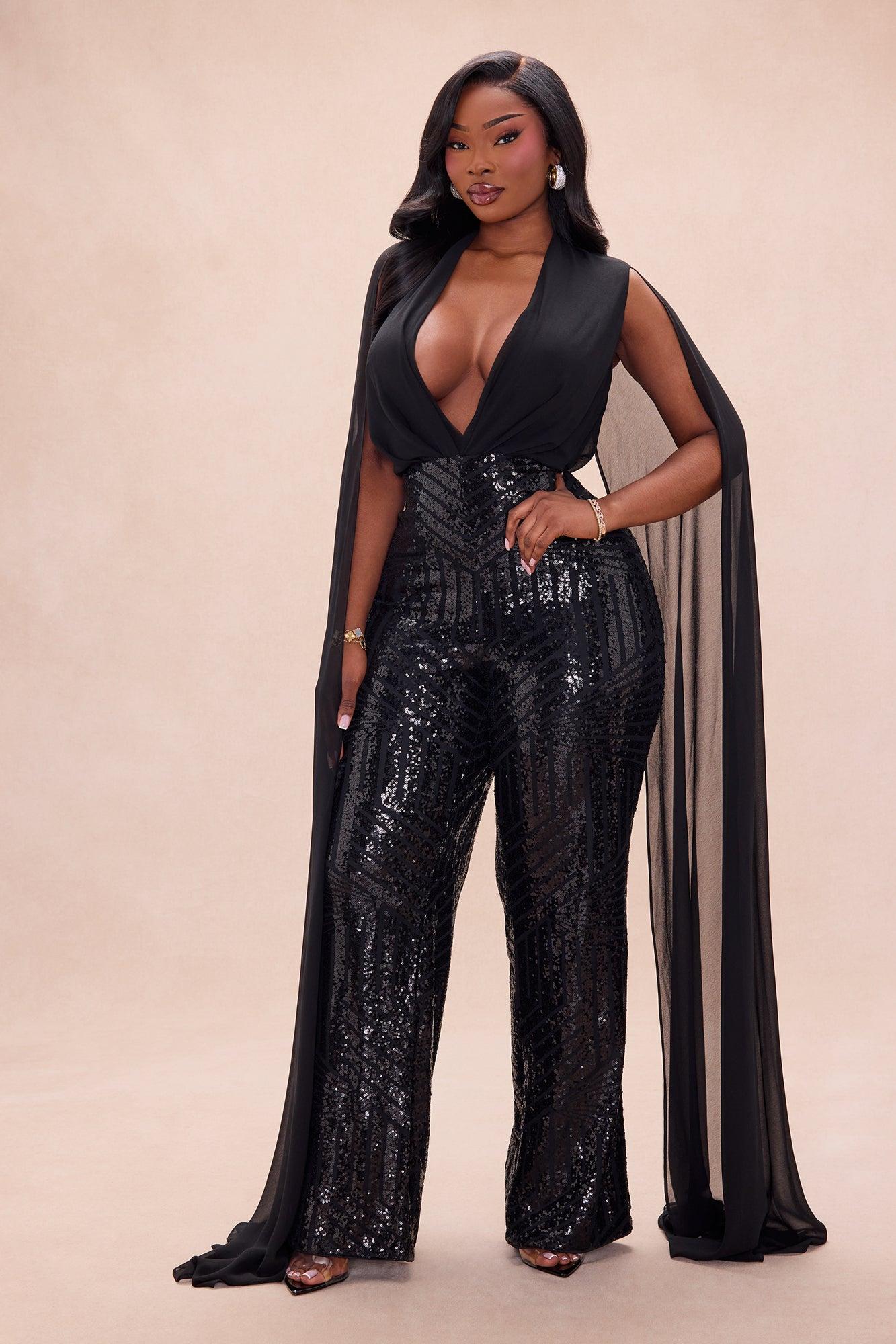 Causing Commotion Draped Sequin Jumpsuit - Black Female Product Image