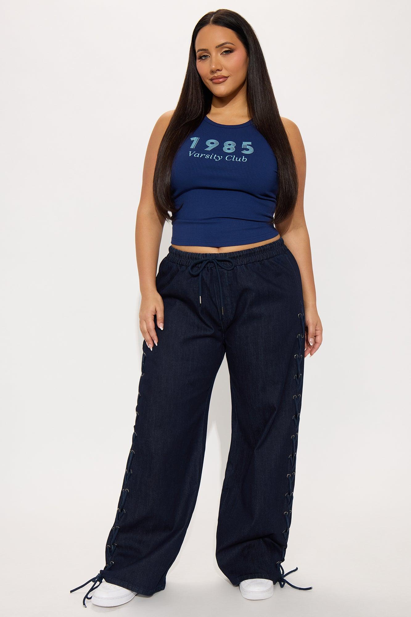 Lucky Laced Up Wide Leg Denim Jeans - Dark Wash Female Product Image
