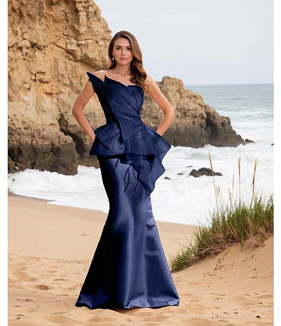 Terani Couture Asymmetrical Neck Strapless Sheath Long Gown Product Image
