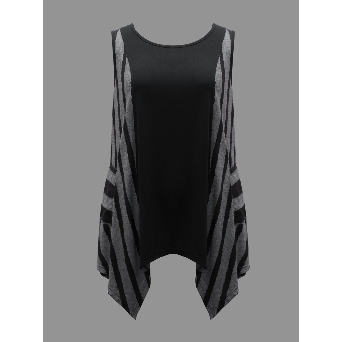 Plus Size Striped Spliced Pockets Hi-Low Hem Vest Women Black Casual Contrast Round Neck Everyday Tank Tops Camis BloomChic 30/6X Product Image
