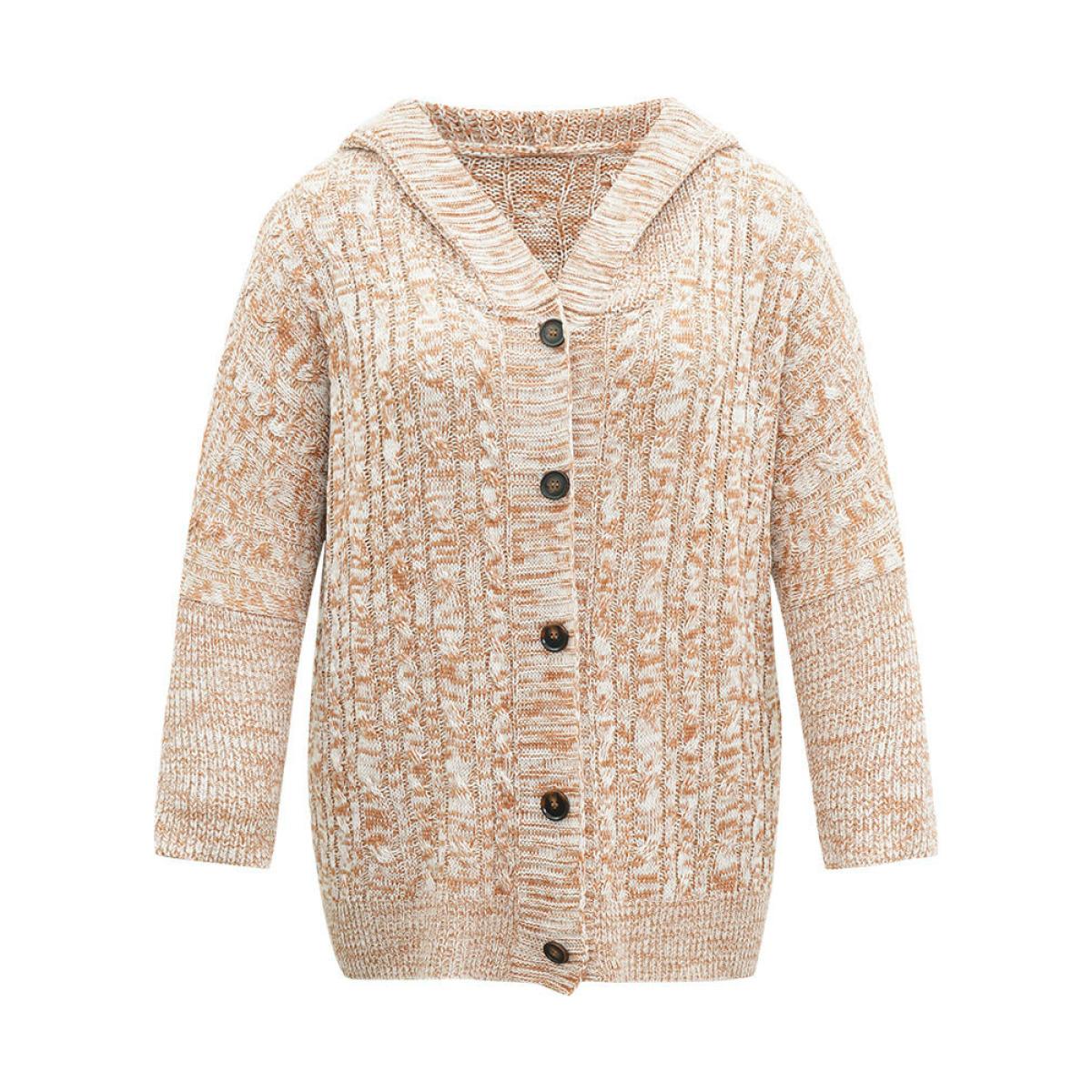Plus Size Cable Knit Hooded Button Through Cardigan Bronze Women Casual Loose Long Sleeve Dailywear Cardigans BloomChic 14-16/1X Product Image
