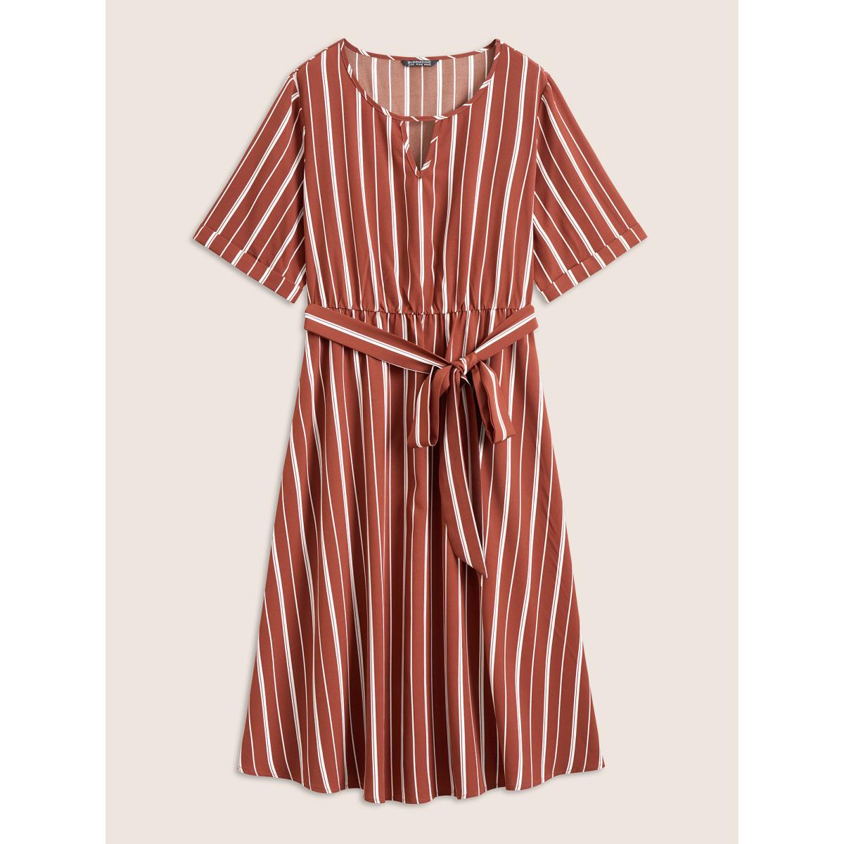 Plus Size Striped Keyhole Pocket Belted Elastic Waist Dress Russet Women At the Office Non Notched collar Half Sleeve Curvy Midi Dress BloomChic 18-20/2X Product Image