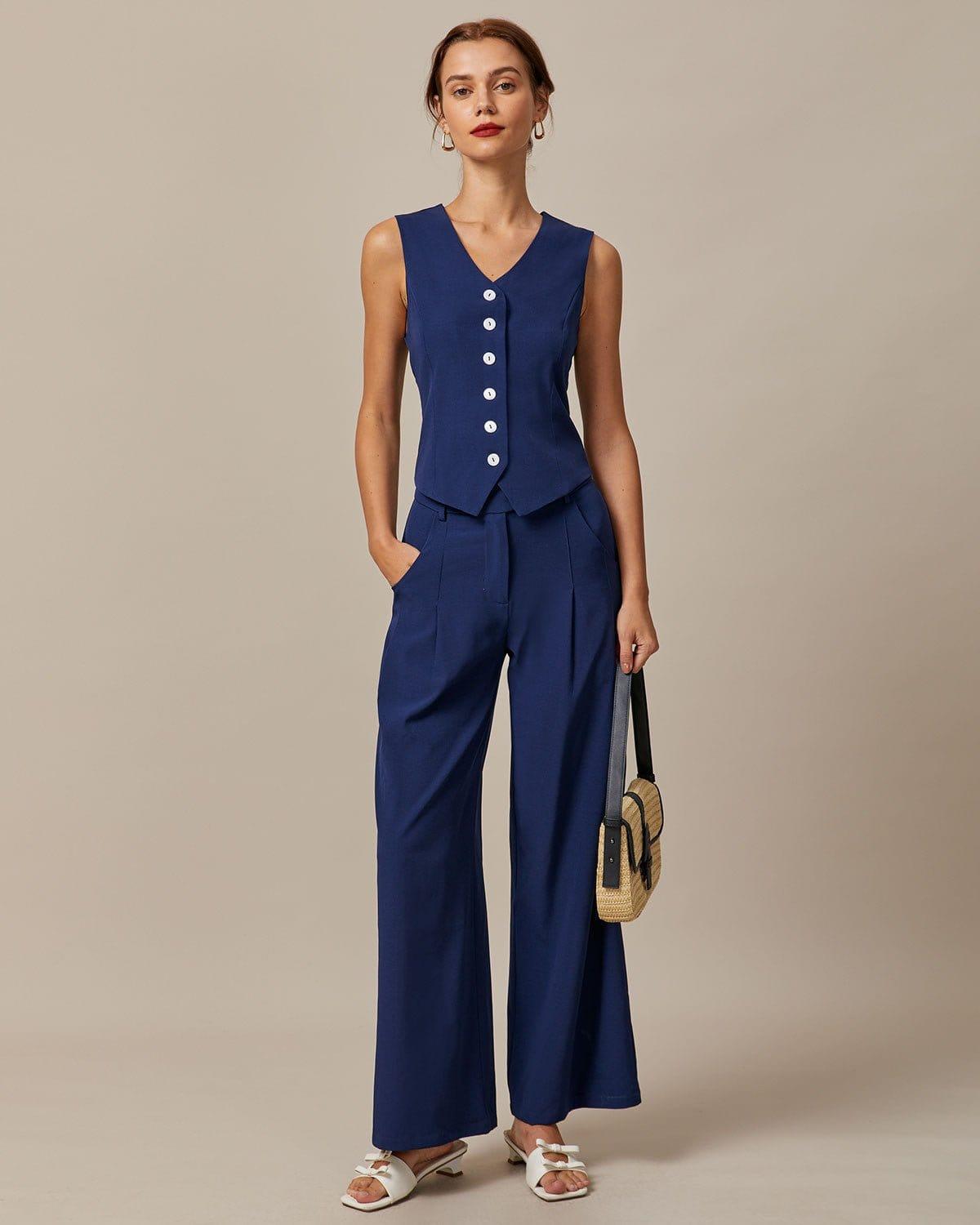 The Navy High Waisted Pockets Straight Pants Product Image