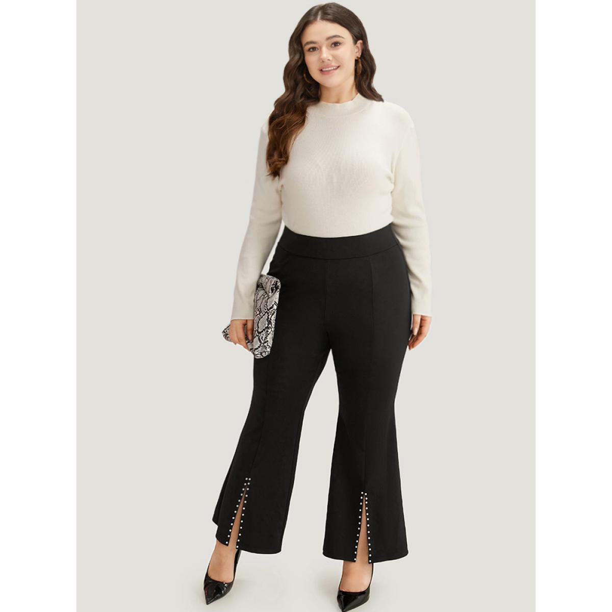Plus Size Bootcut Pearl Beaded Split Front Pants Women Black Office Flare Leg High Rise Office Pants BloomChic 10/M Product Image