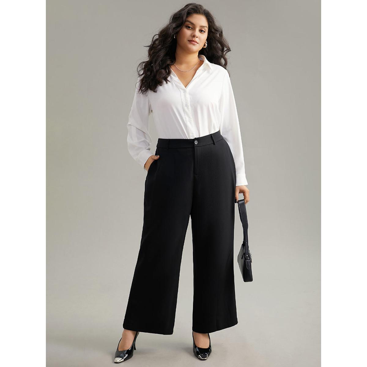 Plus Size Static-Free Plain Pocket Wide Leg Pants Women Black Workwear Essentials Wide Leg High Rise Office Pants BloomChic 22-24/3X Product Image