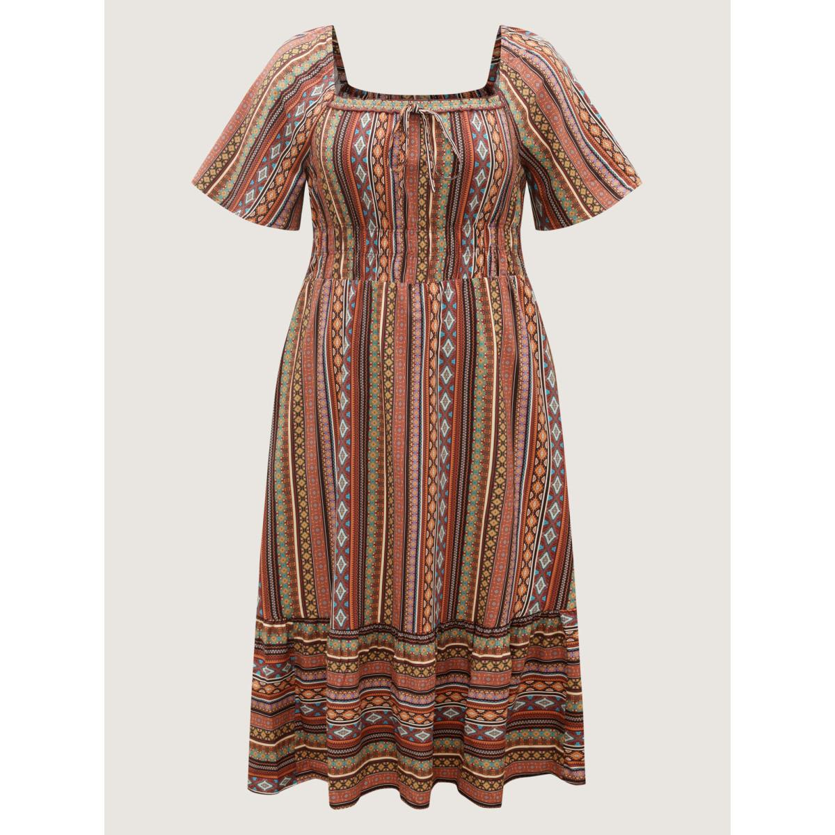 Plus Size Striped Cinched-Waist Midi Dress Yellowishbrown Women Boho Tie knot Square Neck Half Sleeve Curvy BloomChic 22-24/3X Product Image