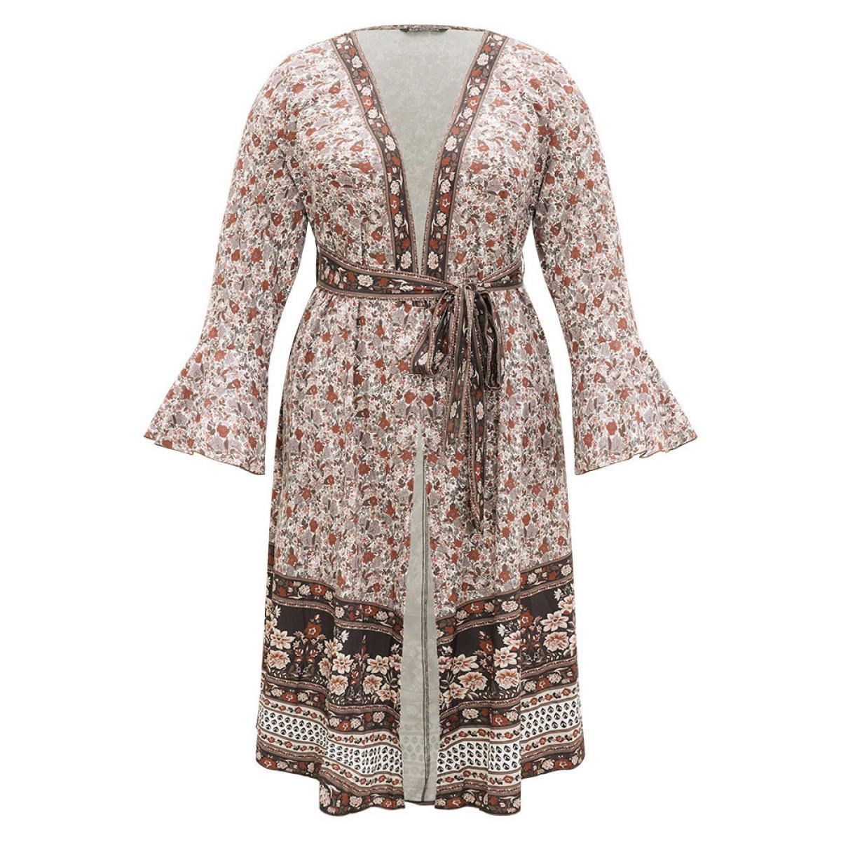 Plus Size Bandana Print Belted Open Front Bell Sleeve Kimono Women Maroon Resort Belted Loose Belt Vacation Kimonos BloomChic 12/L Product Image