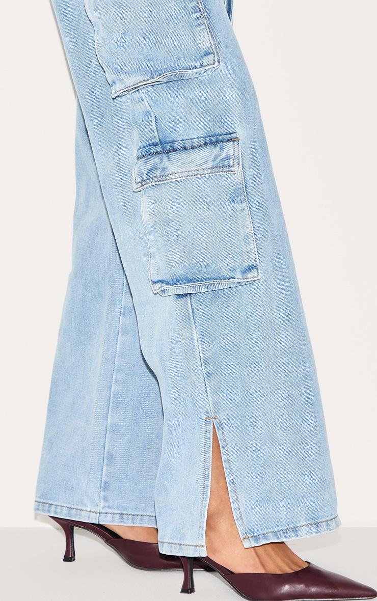 Light Blue Wash Cargo Pocket Bandeau Denim Jumpsuit Product Image