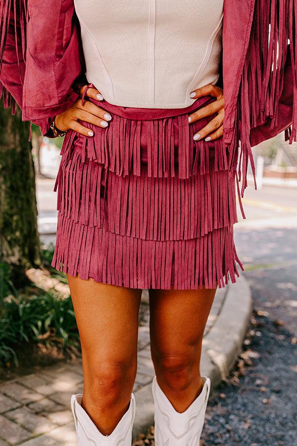 Boho Flow Faux Suede Fringe Skirt in Maroon Product Image