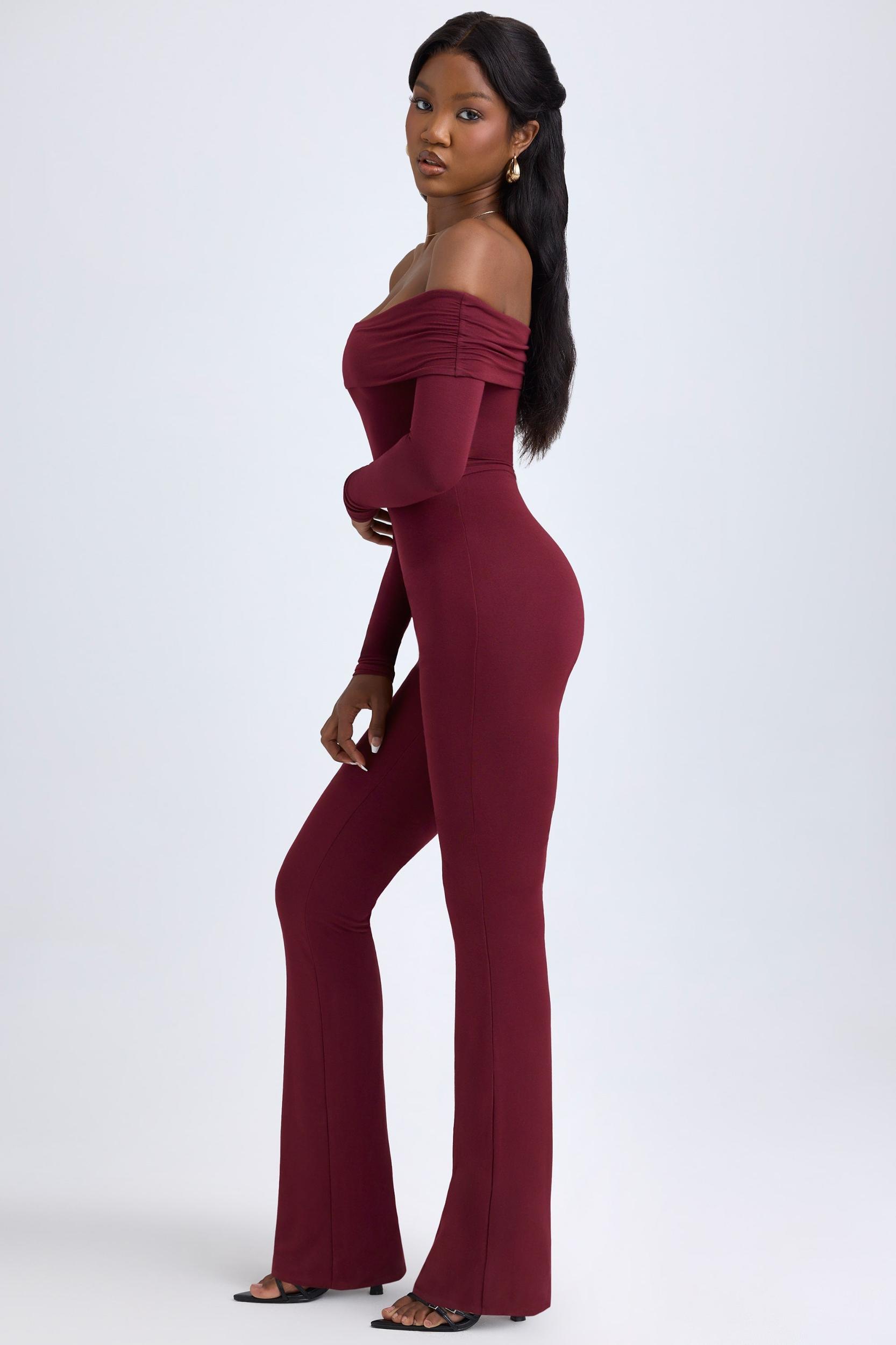 Modal Off-Shoulder Ruched Jumpsuit in Wine Red Product Image