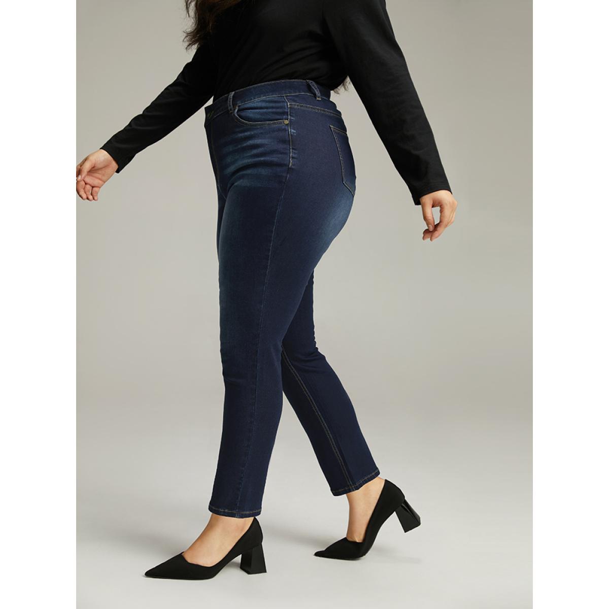 Plus Size Plain Straight Leg Pocket High Rise Jeans Women DarkBlue Casual Plain Plain High stretch Pocket Jeans BloomChic 10/M Product Image