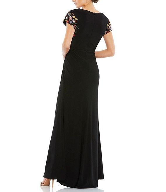 Mac Duggal Jersey Beaded Cap Sleeve V-Neck A-Line Dress Product Image