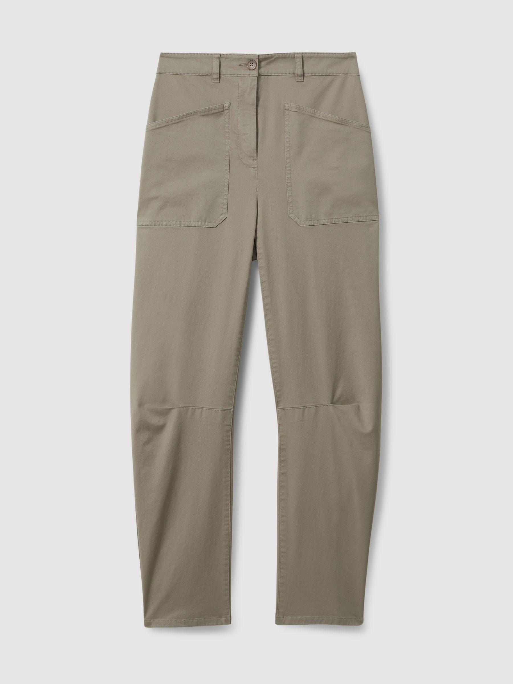 Cotton Blend Barrel Leg Trousers in Olive Product Image