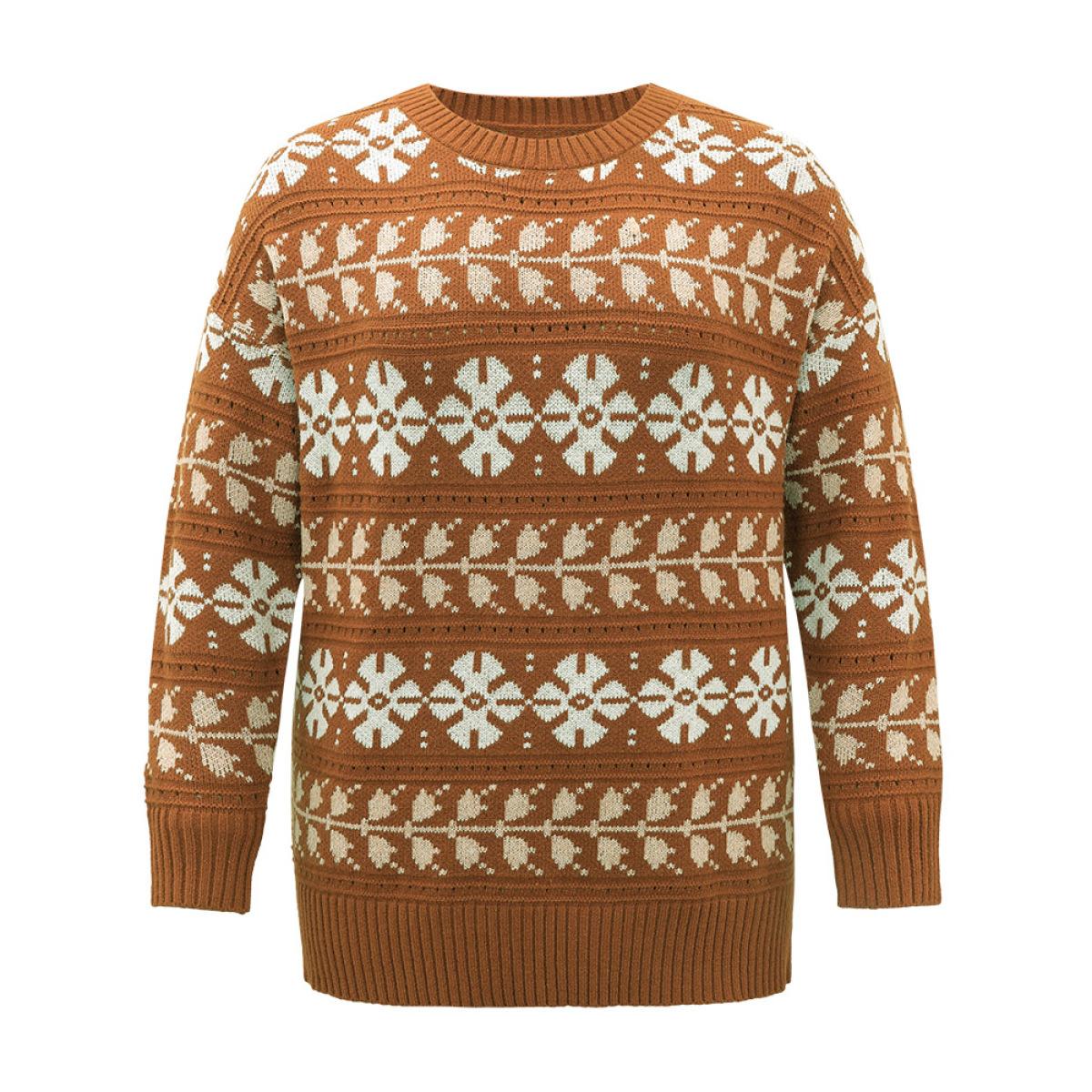 Plus Size Supersoft Essentials Anti-Pilling Geo Print Elastic Cuffs Pullover Chocolate Women Casual Loose Long Sleeve Round Neck Dailywear Pullovers BloomChic 10/M Product Image