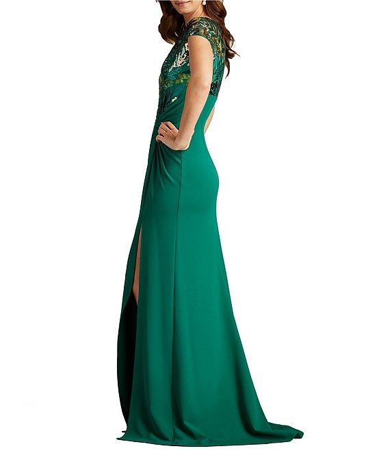Tadashi Shoji Beck Sequin Crepe Illusion Boat Neck Cap Sleeve Front Twist Sheath Gown Product Image