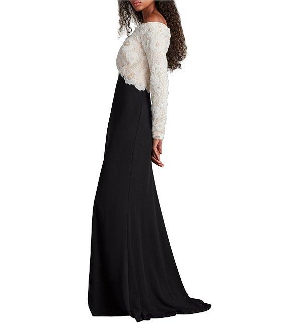 Tadashi Shoji Off-The-Shoulder Long Sleeve Embroidered Lace Bodice Crepe Sheath Gown Product Image