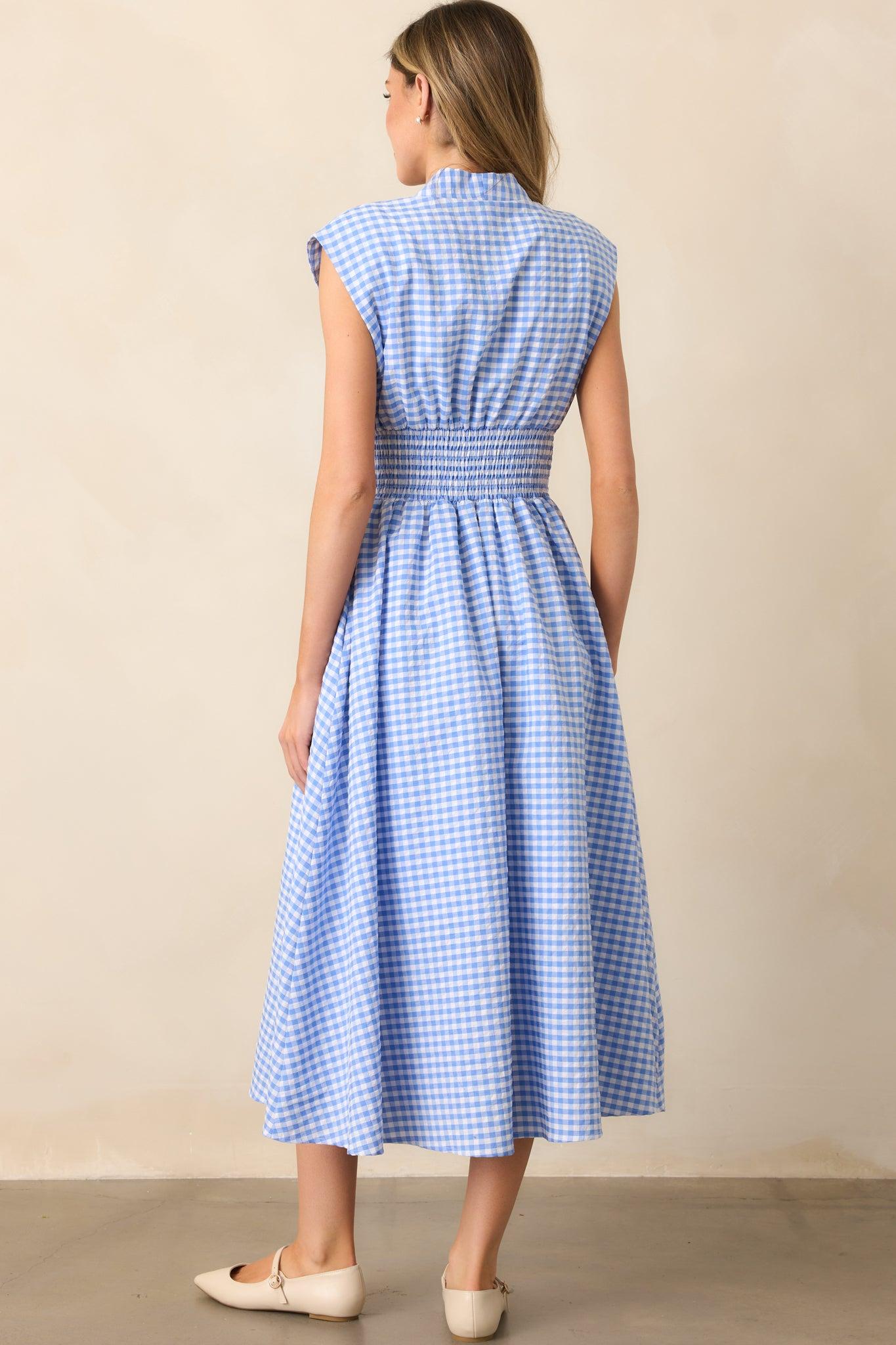The Evette Blue Gingham Zip Front Midi Dress Product Image
