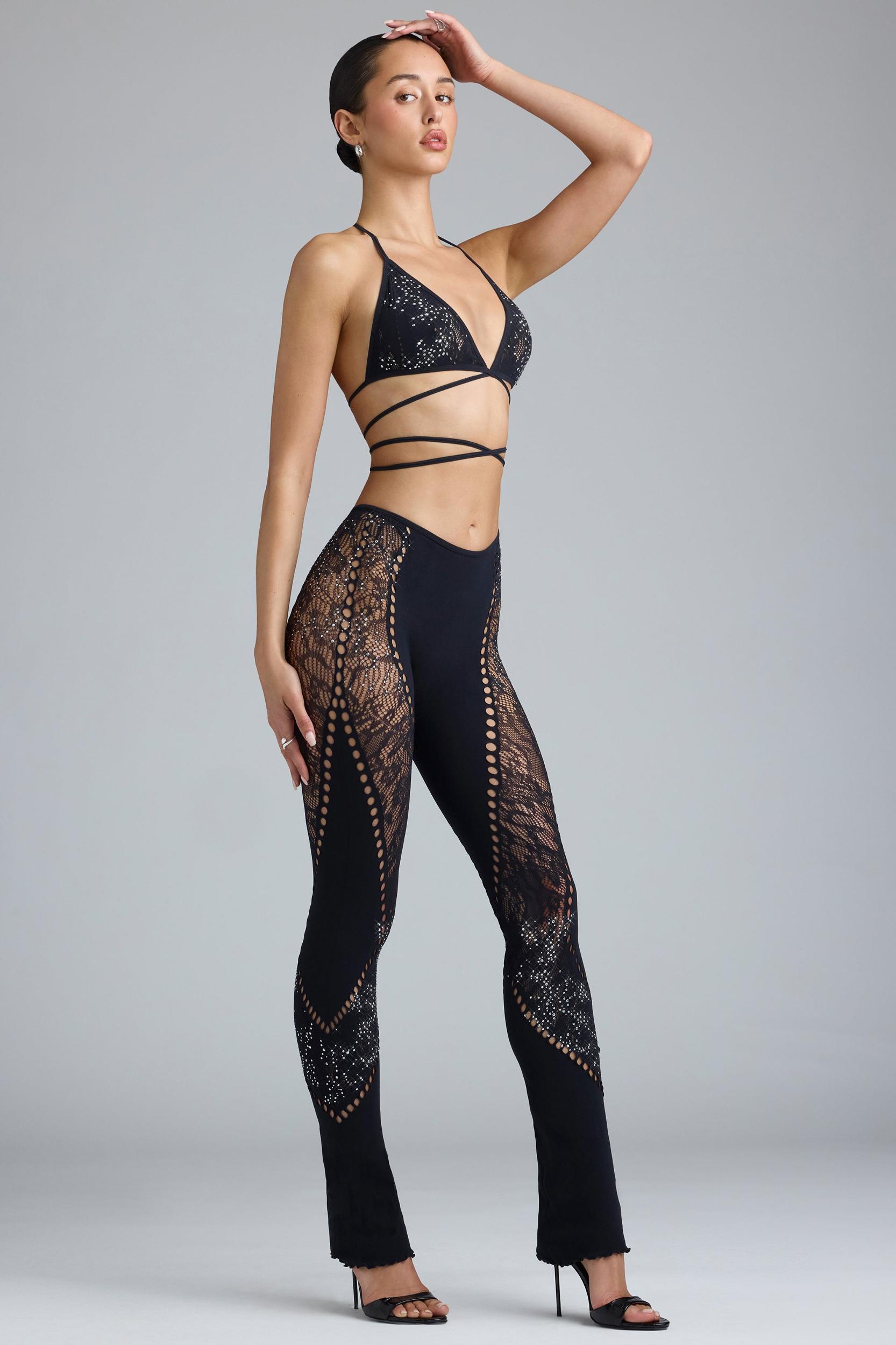 Petite Embellished Mid-Rise Flared Trousers in Black Product Image