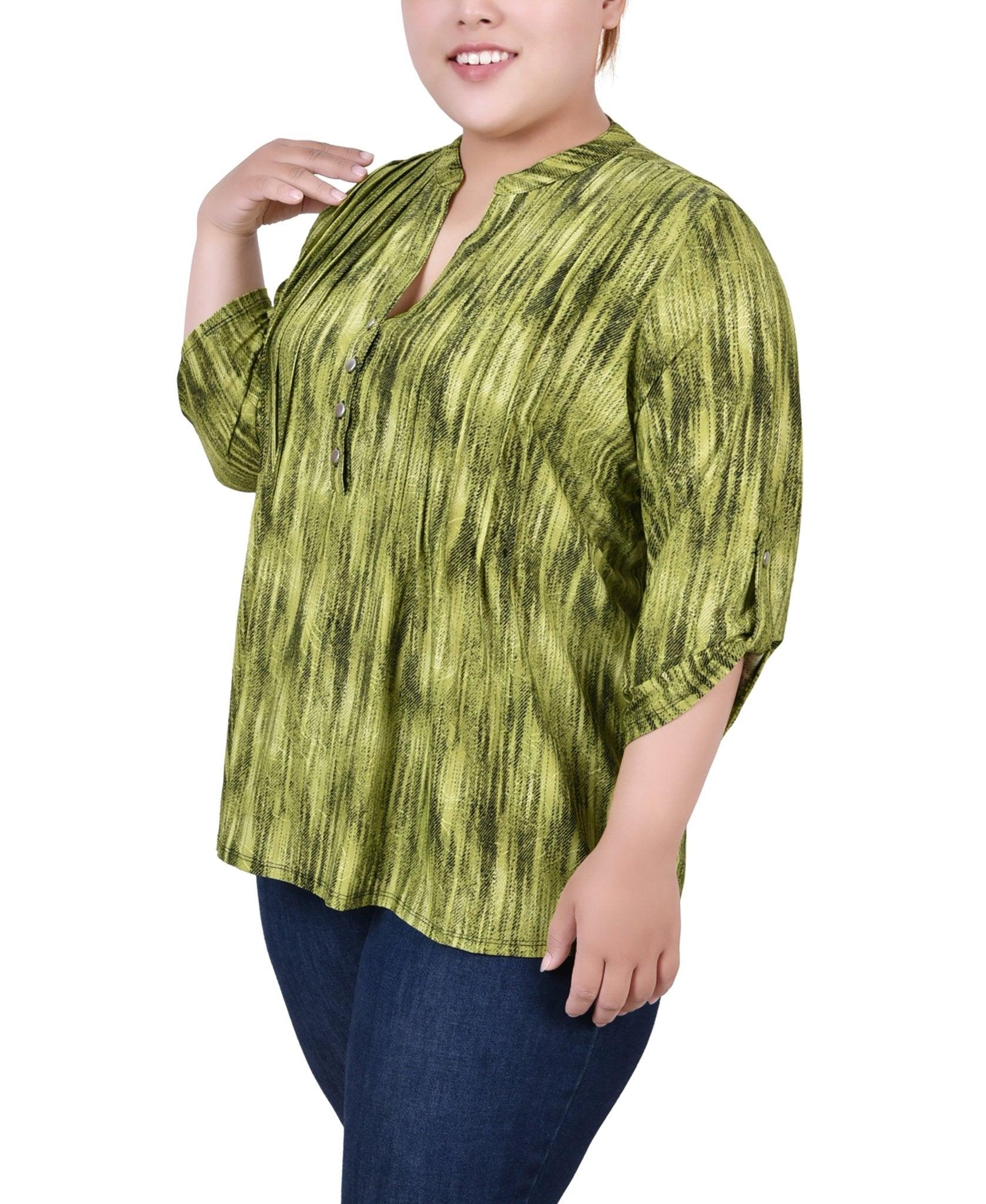 Chartreuse 3/4 Sleeve Roll Tab Y Neck Top - Plus Product Image