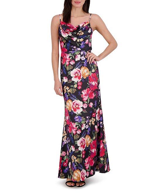 Vince Camuto Satin Floral Print Cowl Neck Sleeveless Gown Product Image