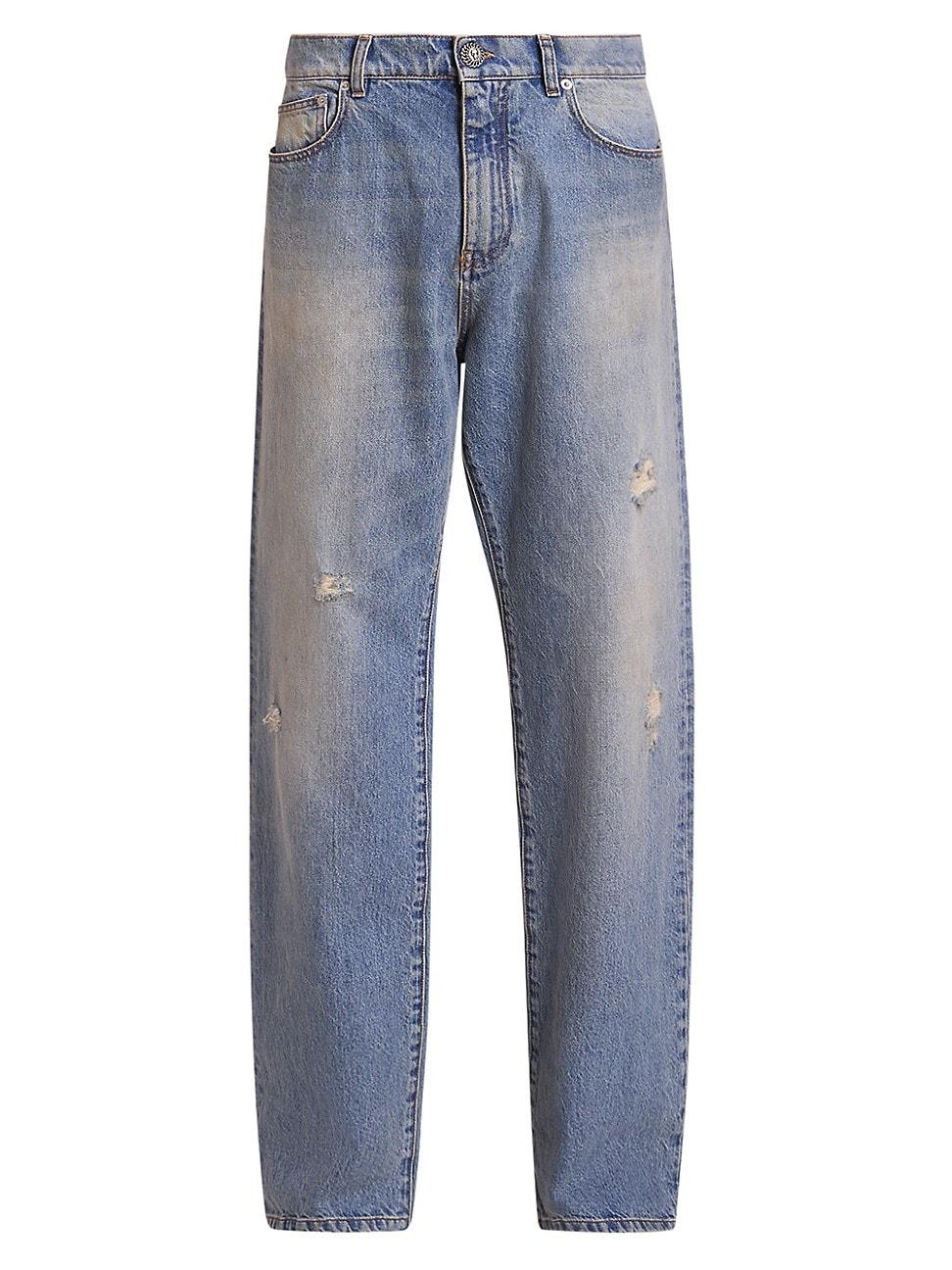 Mens Distressed Denim Mid-Rise Straight-Leg Jeans Product Image