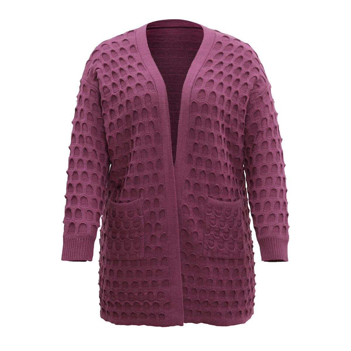 Plus Size Open Front Plisse Patched Pocket Loose Cardigan RedViolet Women Casual Loose Long Sleeve Everyday Cardigans BloomChic 28/5X Product Image