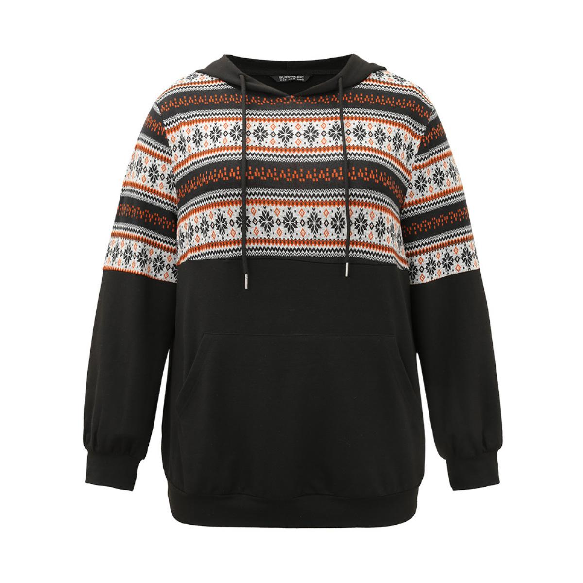 Plus Size Patchwork Contrast Pocket Hooded Drawstring Sweatshirt Women Black Casual Contrast Hooded Festival-Christmas Sweatshirts BloomChic 10/M Product Image