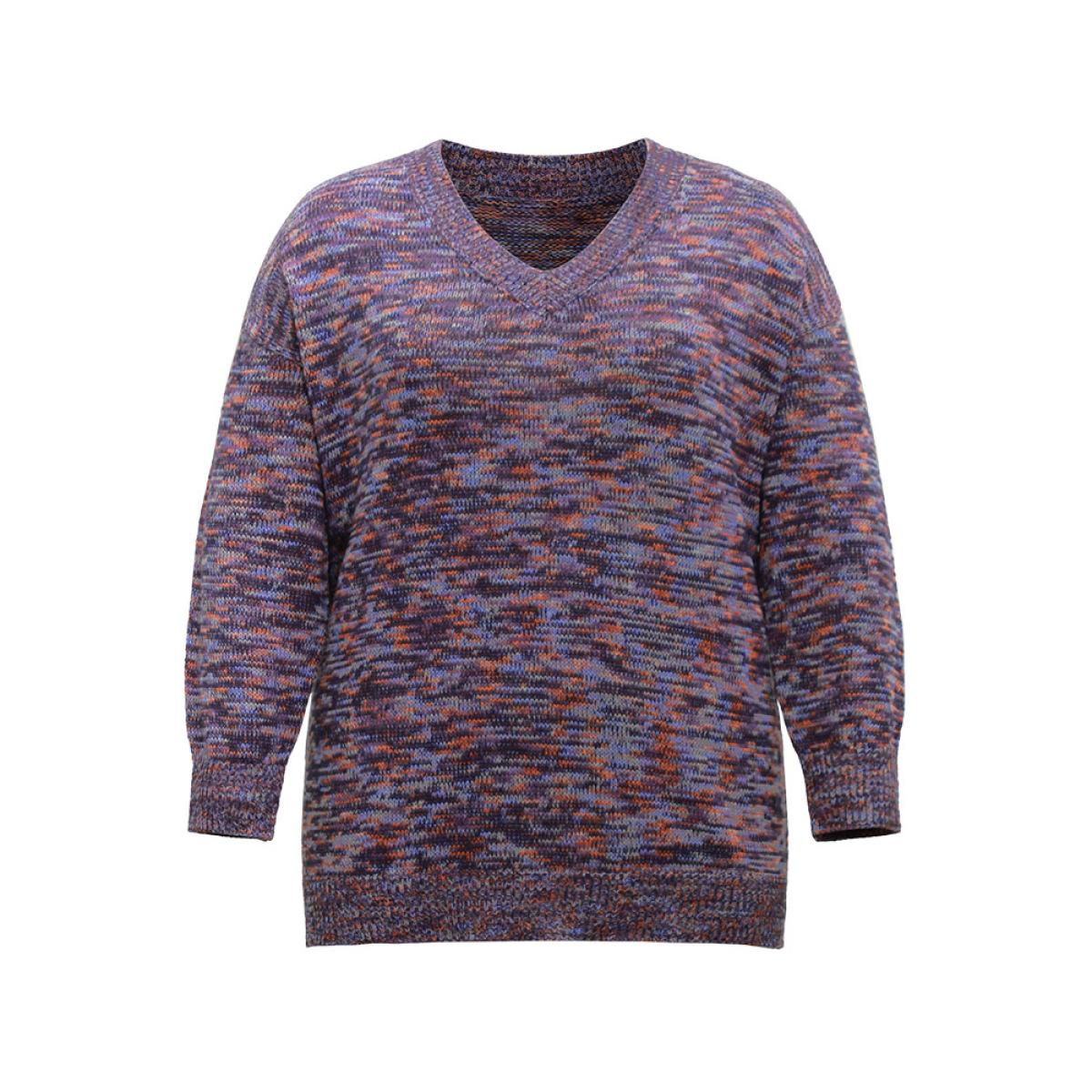 Plus Size Drop Shoulder Ombre Heather Pullover Indigo Women Casual Loose Long Sleeve V-neck Dailywear Pullovers BloomChic 18-20/2X Product Image