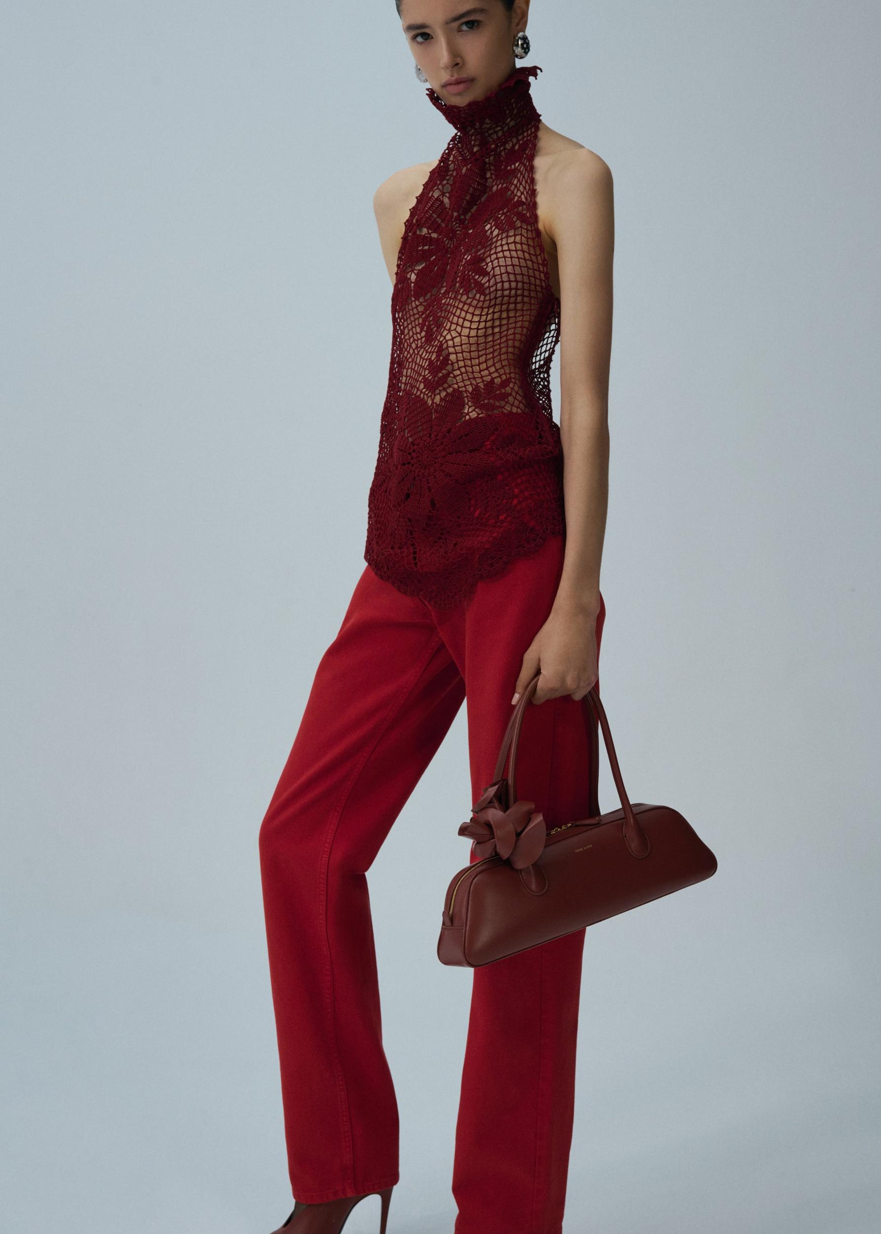 Lace crochet high neck blouse in bordeaux Product Image