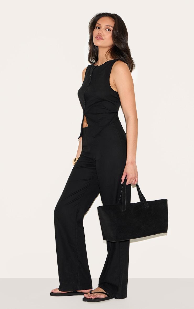  Black Linen Blend Vest Detail Straight Leg Jumpsuit Product Image