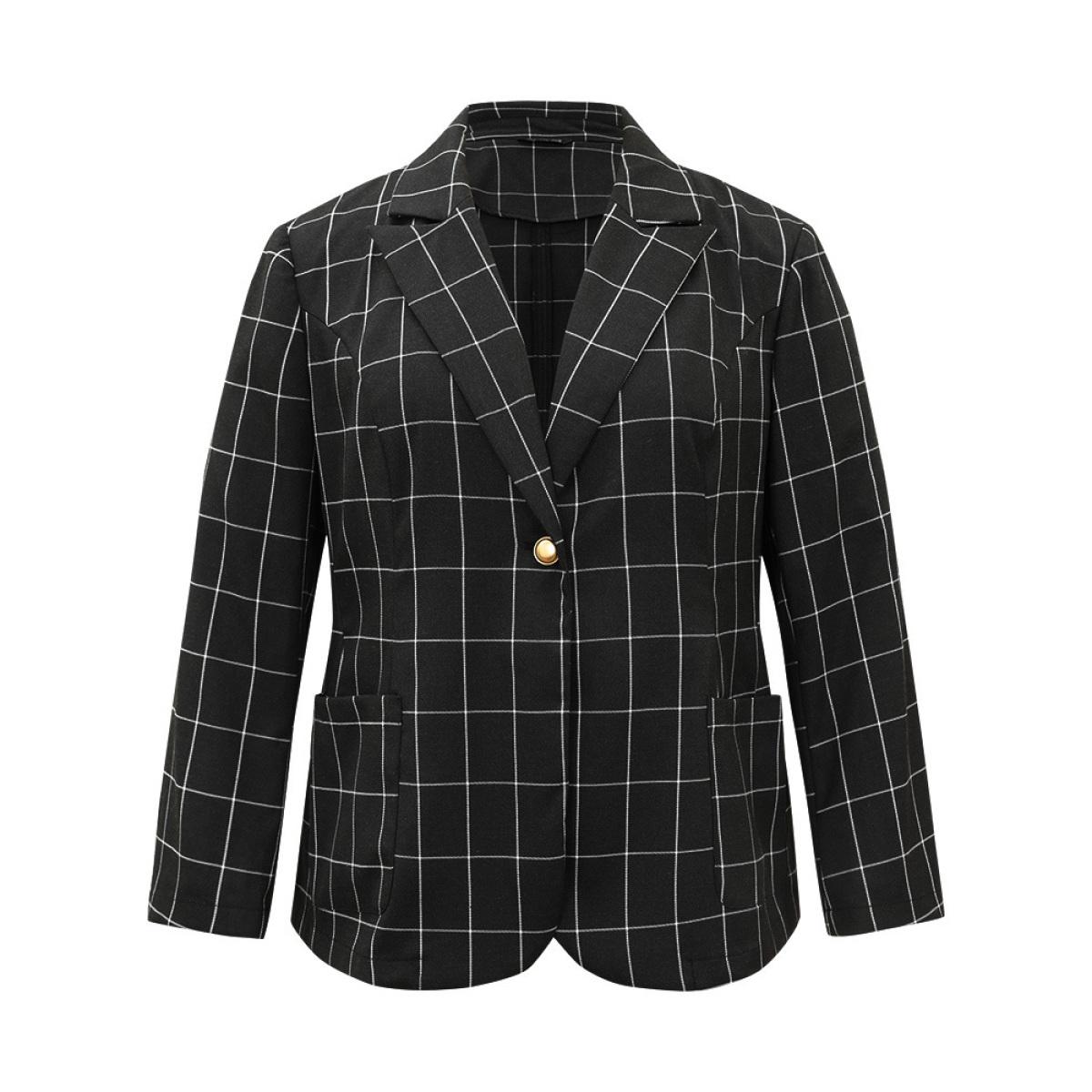 Plus Size Plaid Suit Collar Metal Detail Pocket Blazer Black Women Work Plaid Contrast Sleeve Long Sleeve Suit Collar 14-16/1X Pocket Work From Home Blazers BloomChic Product Image