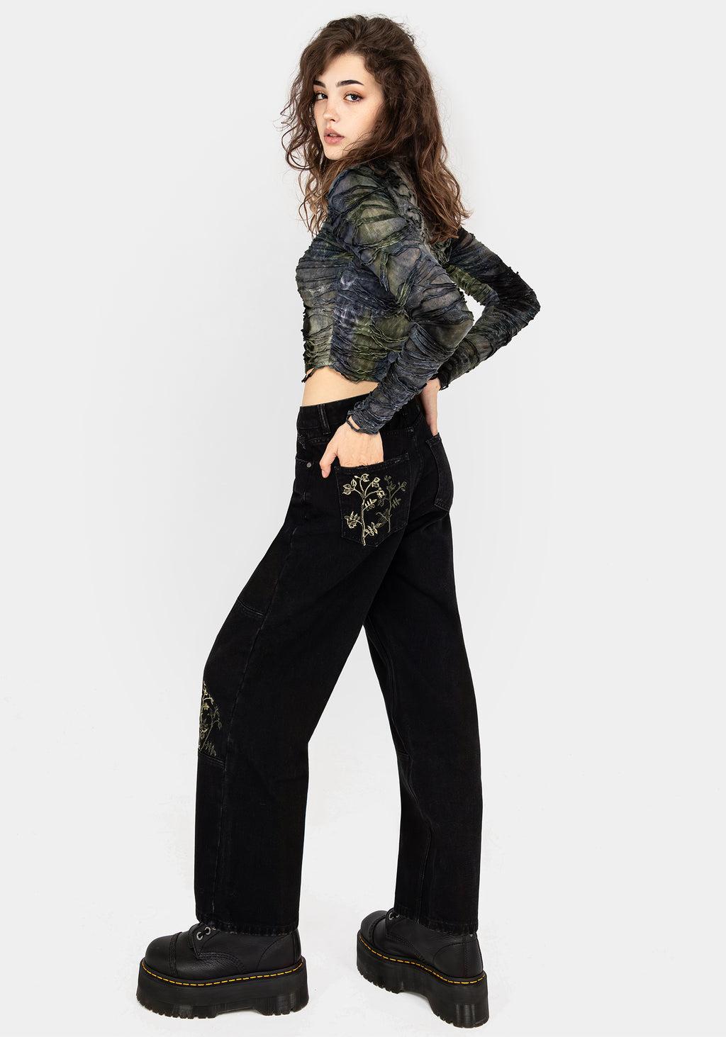Buckthorn Embroidered Denim Barrel Leg Jeans Product Image