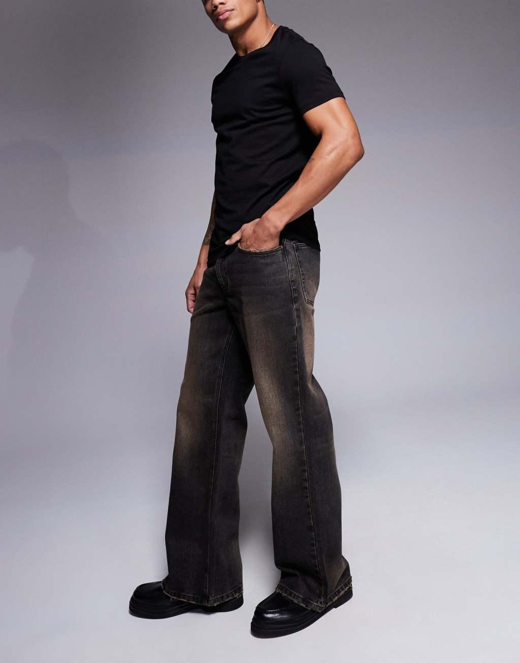 ASOS DESIGN wide flare fit jeans with brown tint in washed black Product Image