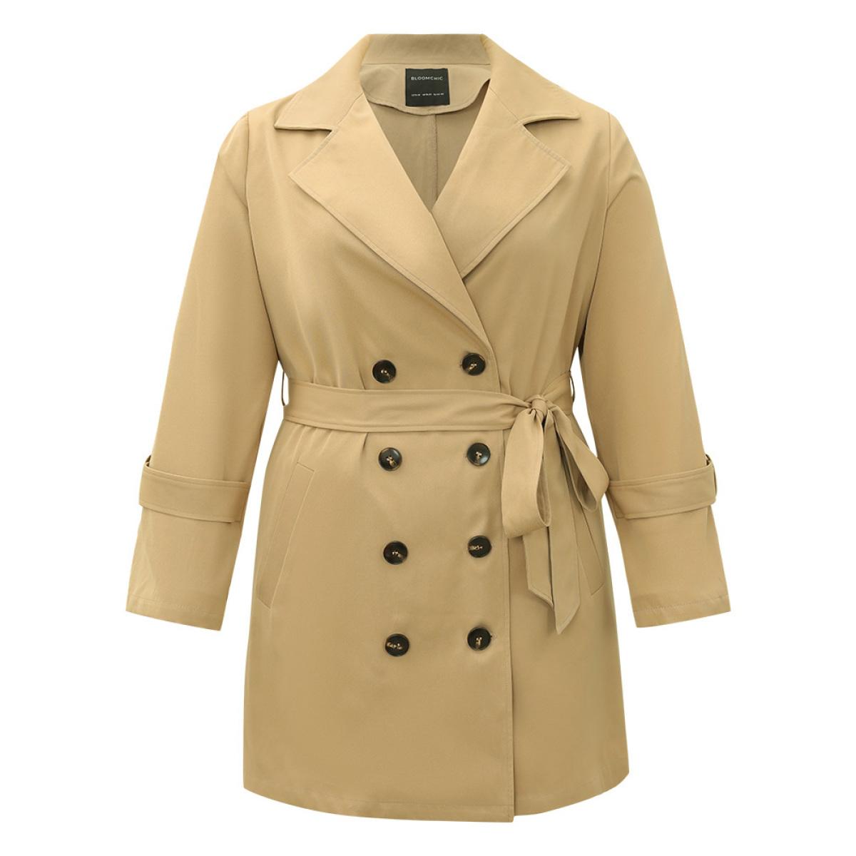 Plus Size Plain Double Breasted Lapel Collar Belted Trench Coat Women Champagne Casual Plain Ladies Everyday Winter Coats BloomChic 18-20/2X Product Image