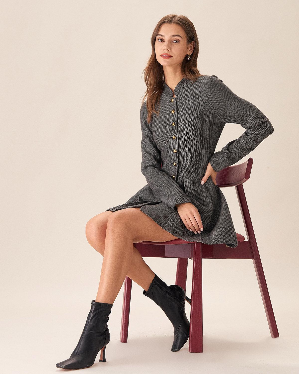 Grey Button Pleated Mini Dress Product Image