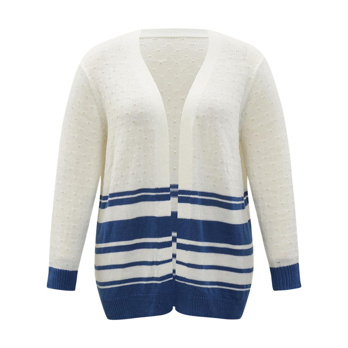 Plus Size Striped Open Front Contrast Elastic Cuffs Cardigan Ivory Women Casual Loose Long Sleeve Dailywear Cardigans BloomChic 22-24/3X Product Image