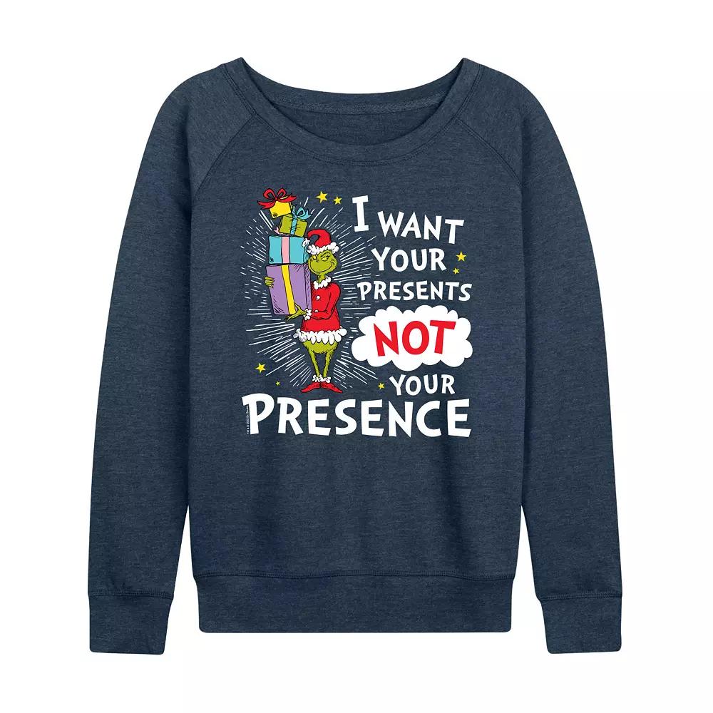 Women's Dr. Seuss The Grinch Presents Not Presence French Terry Long Sleeve Tee, Girl's, Size: Large, Grey Indigo Product Image