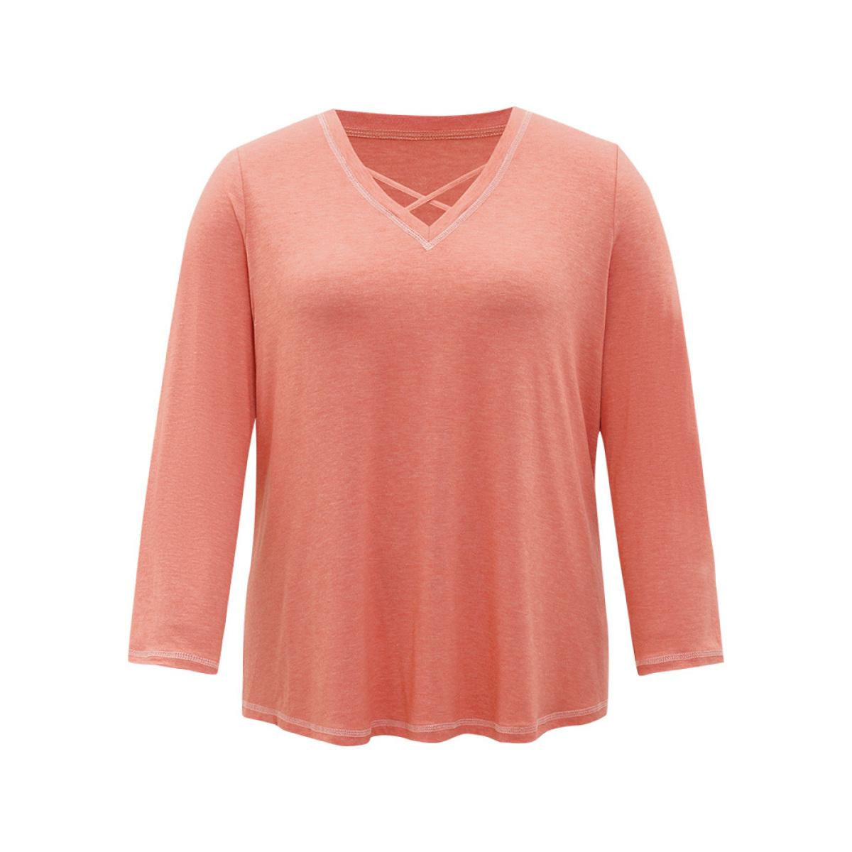 Plus Size Plain Crisscross V Neck Contrast Trim T-shirt Salmon Women Casual Plain Plain V-neck Dailywear T-shirts BloomChic 22-24/3X Product Image