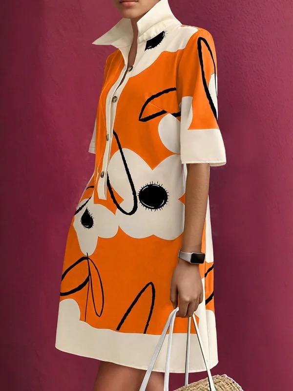 A-Line Half Sleeves Buttoned Contrast Color Flower Print Pockets Stand Collar Mini Dresses Product Image