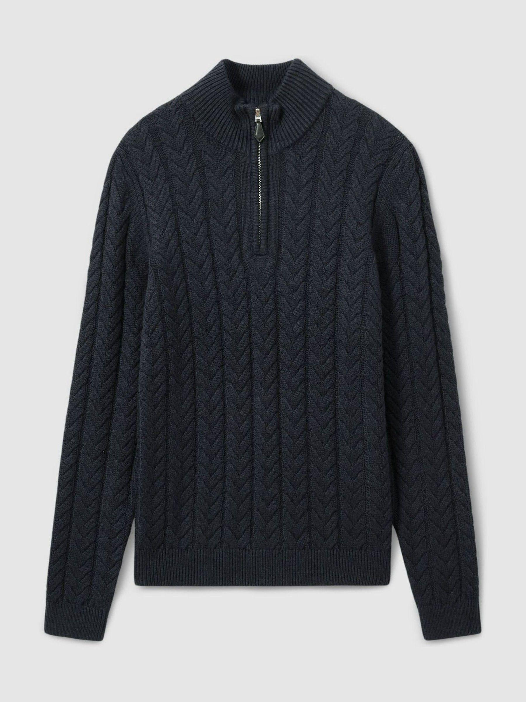 Cabled Zip-Neck Jumper with Cotton and Wool in Navy Product Image