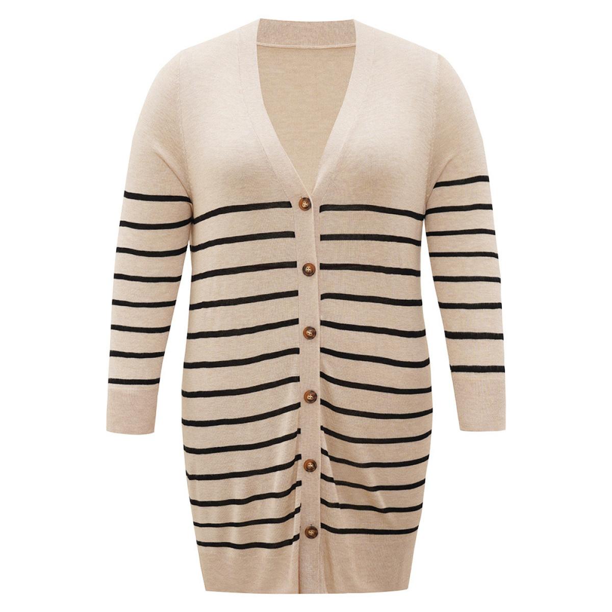 Plus Size Supersoft Essentials Striped Button Fly Tunic Cardigan Champagne Women Casual Loose Long Sleeve Dailywear Cardigans BloomChic 12/L Product Image