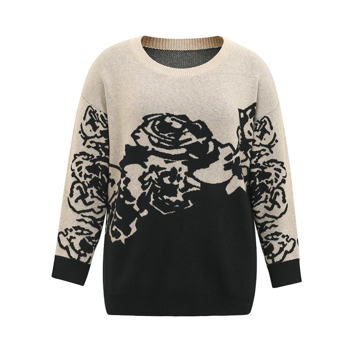 Plus Size Supersoft Essentials Rose Jacquard Contrast Pullover Black Women Casual Loose Long Sleeve Round Neck Dailywear Pullovers BloomChic 26/4X Product Image