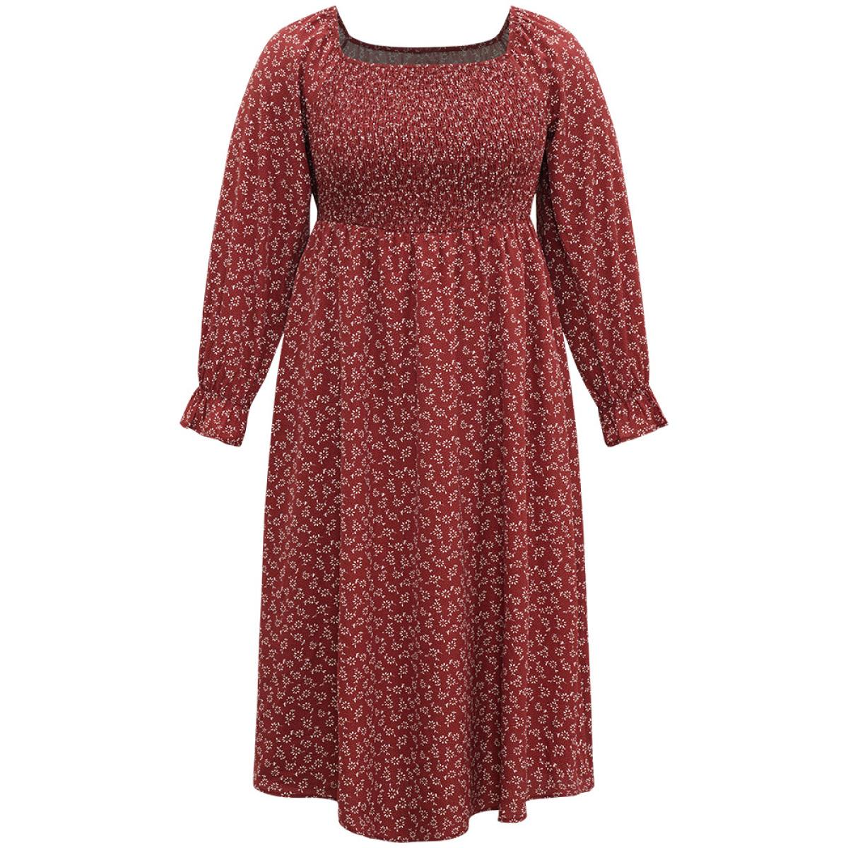 Plus Size Ditsy Floral Square Neck Shirred Gathered Dress DustyPink Women Elegant Gathered Square Neck Long Sleeve Curvy Midi Dress BloomChic 28/5X Product Image