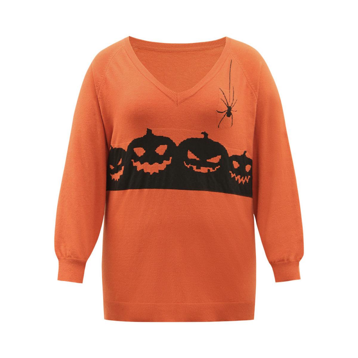 Plus Size Halloween Graphic Pumpkin V Neck Pullover OrangeRed Women Casual Loose Long Sleeve V-neck Dailywear Pullovers BloomChic 22-24/3X Product Image