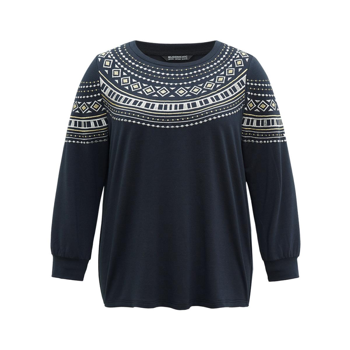 Plus Size Bandana Embroidered Crew Neck Elastic Cuffs Sweatshirt Women DimGray Casual Embroidered Round Neck Dailywear Sweatshirts BloomChic 26/4X Product Image